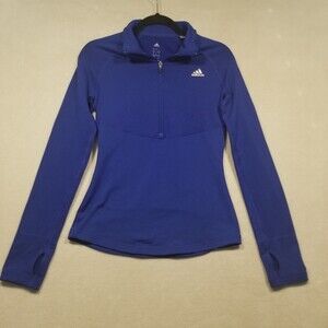 Adidas Small Blue Athletic Fleece Lined Long Sleeve Top ClimaWarm Thumb Holes